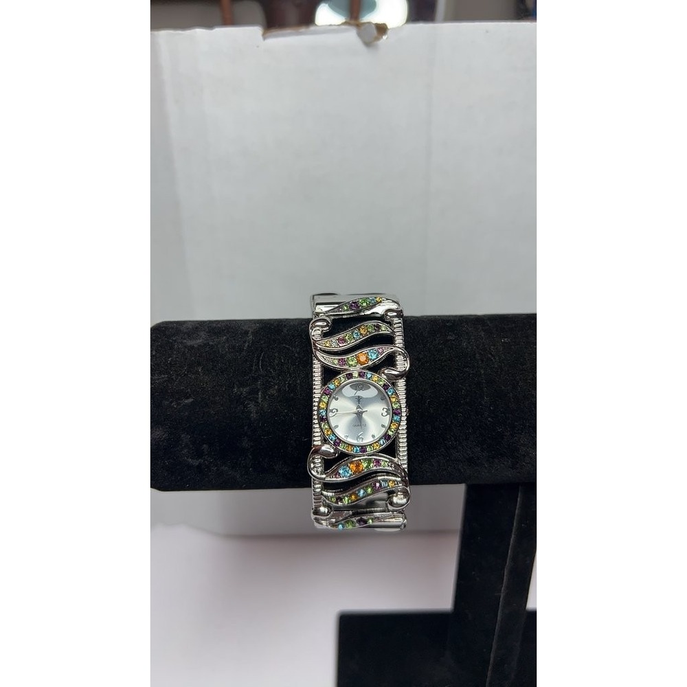 Vintage Silver-Tone Quartz Accutime Watch with Multicolored Rhinestones